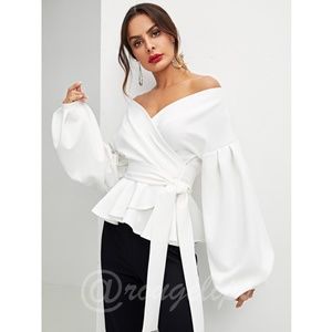Bishop Sleeve Belted Peplum Top White V-Neck